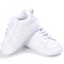 Load image into Gallery viewer, Baby Shoes Pu Leather Shoes Sports Sneakers Newborn Baby Boys Girls Stripe Pattern Shoes Infant Toddler Soft Anti-slip Shoes